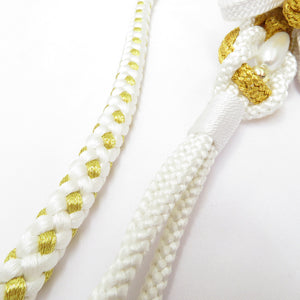 帯締め 振袖用 帯〆 白色×金色 パールビーズ 飾り付き 金糸 絹100% 丸組 成人式 卒業式 和装小物 翠嵐工房 日本製 長さ163.5cm