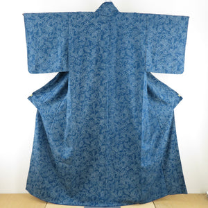 小紋 花唐草文様 袷 広衿 藍色 正絹 仕立て上がり カジュアル着物 身丈157cm