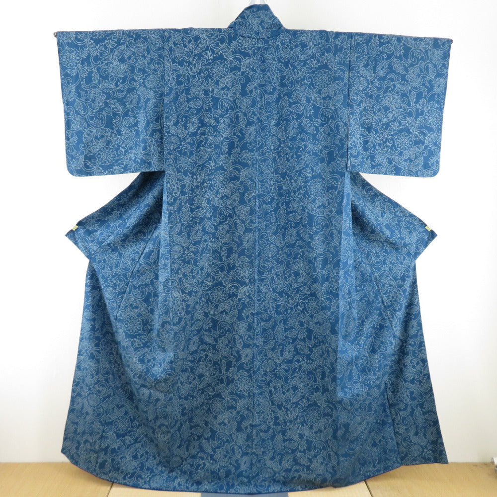 小紋 花唐草文様 袷 広衿 藍色 正絹 仕立て上がり カジュアル着物 身丈157cm