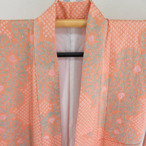 小紋 総絞り 菊文様 袷 バチ衿 橙色 正絹 仕立て上がり カジュアル着物 身丈157cm