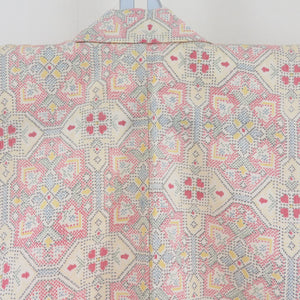 Tsumugi Kimono Pure Silk Cream Cream X multi -colored geometric pattern Bee collar casual kimono tailoring