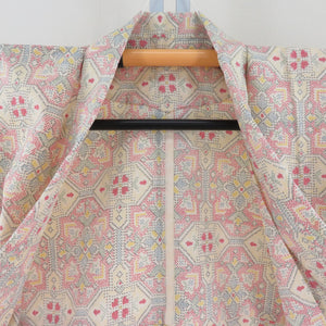 Tsumugi Kimono Pure Silk Cream Cream X multi -colored geometric pattern Bee collar casual kimono tailoring