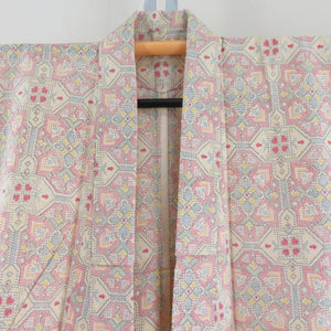 Tsumugi Kimono Pure Silk Cream Cream X multi -colored geometric pattern Bee collar casual kimono tailoring