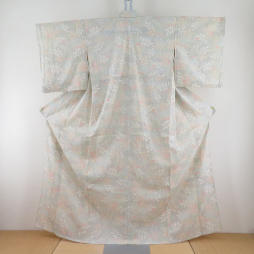 紬 着物 正絹 単衣 ベージュｘ多色　葉柄 バチ衿 カジュアル着物 仕立て上がり 身丈160cm