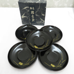 Daily miscellaneous goods Wajima painting tea set 5 pieces set black pine pine leaf lacquer ware