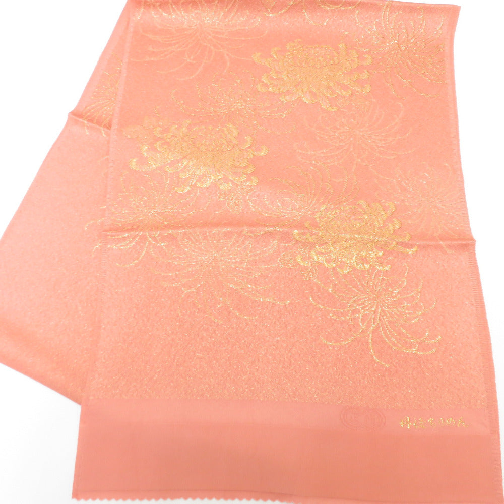 Obiage crepe pink x gold random chrysanthemum pattern Tango crepe 100 % silk Casual / formal pure silk fabric Remake 176cm