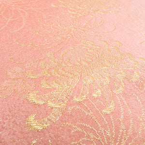 Obiage crepe pink x gold random chrysanthemum pattern Tango crepe 100 % silk Casual / formal pure silk fabric Remake 176cm