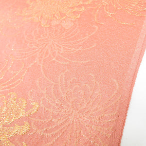 Obiage crepe pink x gold random chrysanthemum pattern Tango crepe 100 % silk Casual / formal pure silk fabric Remake 176cm