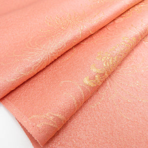 Obiage crepe pink x gold random chrysanthemum pattern Tango crepe 100 % silk Casual / formal pure silk fabric Remake 176cm