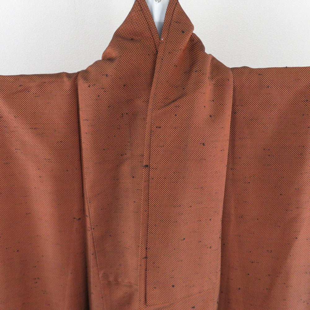 紬 着物 節紬織 斜め格子 橙茶色 正絹 袷 広衿 カジュアル 仕立て上がり着物 身丈159cm 【キモノオフ野々市若松店】 紬 着物 節紬織 斜め格子 橙茶色 正絹 袷 広衿 カジュアル 仕立て