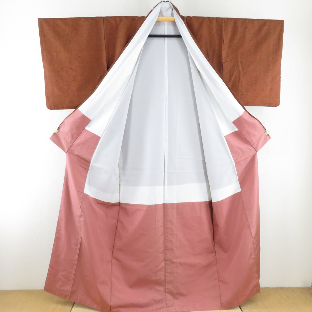 紬 着物 節紬織 斜め格子 橙茶色 正絹 袷 広衿 カジュアル 仕立て 
