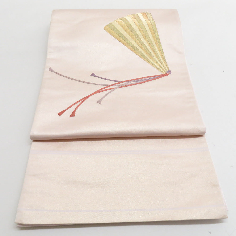 袋帯 佐賀錦文様 刺繍 扇子柄 お太鼓柄 正絹 桃色 仕立て上がり 着物帯 長さ440cm