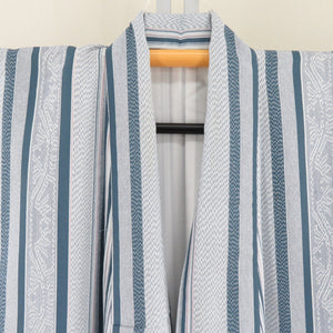 Komon Polyester Lined Wide collar striped pattern Light blue x gray x red washing kimono tailor 154cm