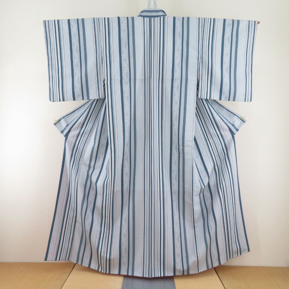 Komon Polyester Lined Wide collar striped pattern Light blue x gray x red washing kimono tailor 154cm