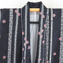 Load image into Gallery viewer, Komon Polyester Lined Wide collar striped cherry blossom pattern black x purple x pink -washed kimono tailor 162cm