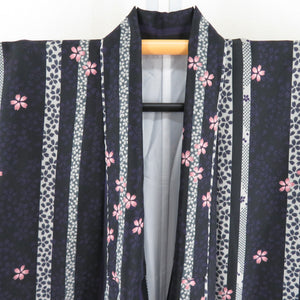 Komon Polyester Lined Wide collar striped cherry blossom pattern black x purple x pink -washed kimono tailor 162cm