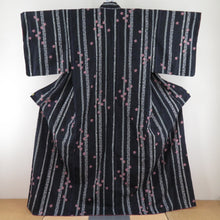 Load image into Gallery viewer, Komon Polyester Lined Wide collar striped cherry blossom pattern black x purple x pink -washed kimono tailor 162cm