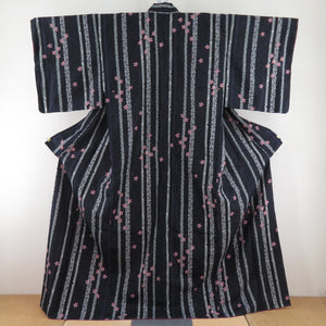 Komon Polyester Lined Wide collar striped cherry blossom pattern black x purple x pink -washed kimono tailor 162cm