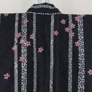 Komon Polyester Lined Wide collar striped cherry blossom pattern black x purple x pink -washed kimono tailor 162cm