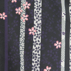 Komon Polyester Lined Wide collar striped cherry blossom pattern black x purple x pink -washed kimono tailor 162cm