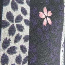 Load image into Gallery viewer, Komon Polyester Lined Wide collar striped cherry blossom pattern black x purple x pink -washed kimono tailor 162cm