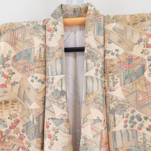 Komon lined wide collar building pattern Sand color x multicolor silk tailoring casual kimono 150cm