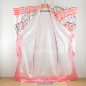 Kimono Silk Squeezing Square Salmon Pink x White x Multolned Color Holding Wide collar with lined foil