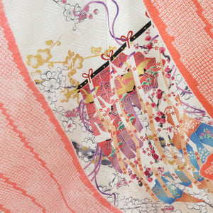 Kimono Silk Squeezing Square Salmon Pink x White x Multolned Color Holding Wide collar with lined foil