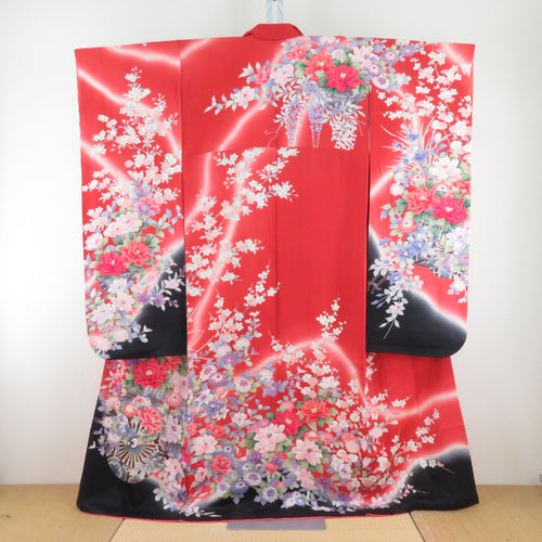 Kimono Silk vermilion x white x multi -colored florist pattern sentence lined wide -collar adult ceremony graduation ceremony formal tailoring kimono 161cm