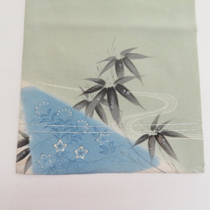 丸帯 絽 夏用 昔夏帯 アンティーク 夏の植物模様 薄緑ｘ薄青ｘ灰色 刺繍入り 仕立て上がり 正絹 着物帯  長さ416cm