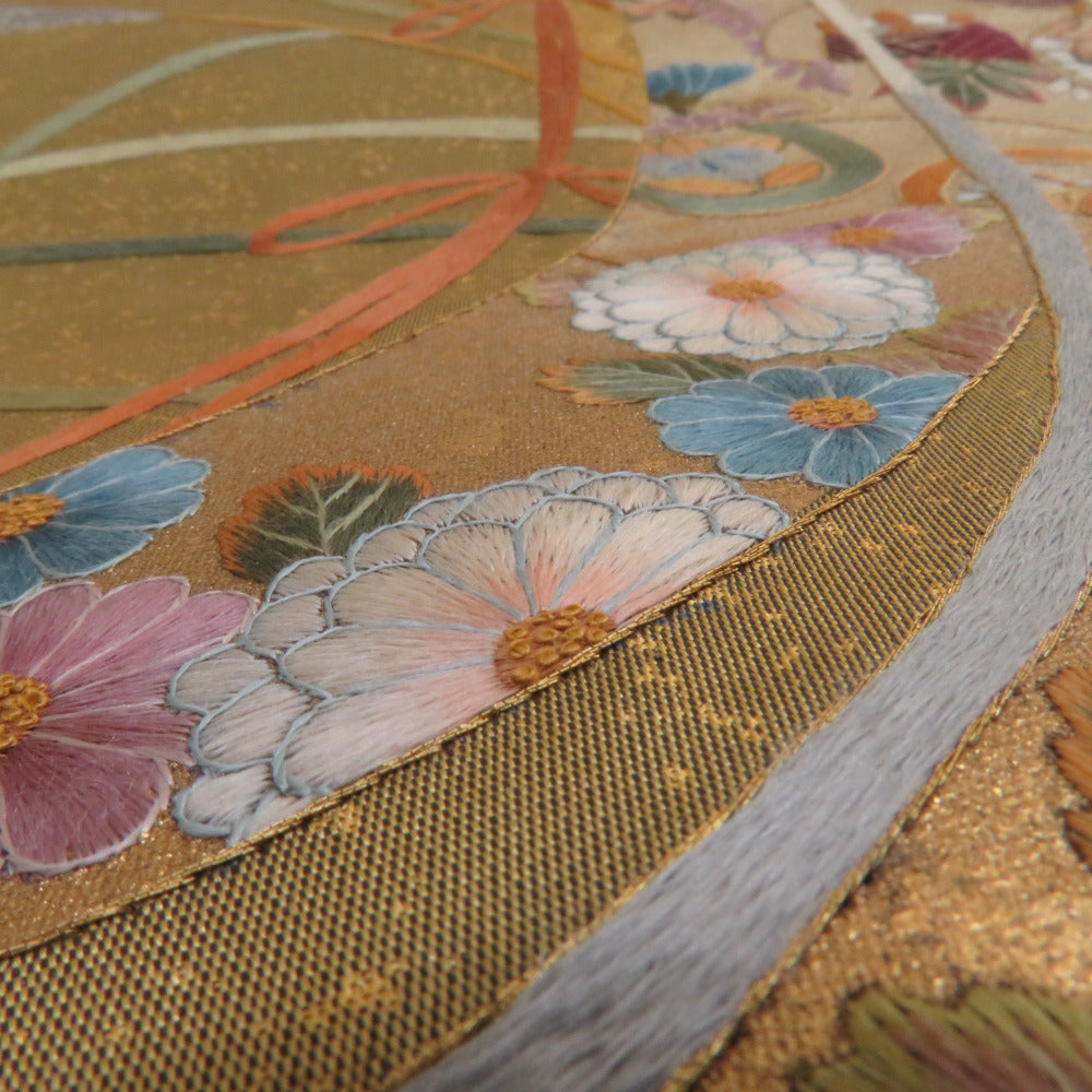 袋帯 正絹 お太鼓柄 蘇州刺繍 金糸銀糸 ゴールドx多色 几帳文様 礼装