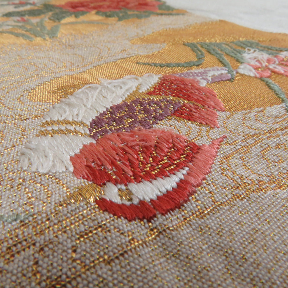 袋帯 正絹 お太鼓柄 オシドリ柄 刺繍入り 銀糸金糸 ゴールドｘシルバーｘ多色 礼装 フォーマル 仕立て上がり 長さ440cm 【キモノオフ野々市若松店】 袋帯 正絹 お太鼓柄 オシドリ柄 刺繍入り 銀糸金糸 ゴールドxシルバー