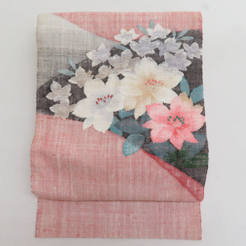 Nagoya Obi Pure Silk Ponito Flower Pattern Taiko Coral X multi -colored silver thread formal length 350cm