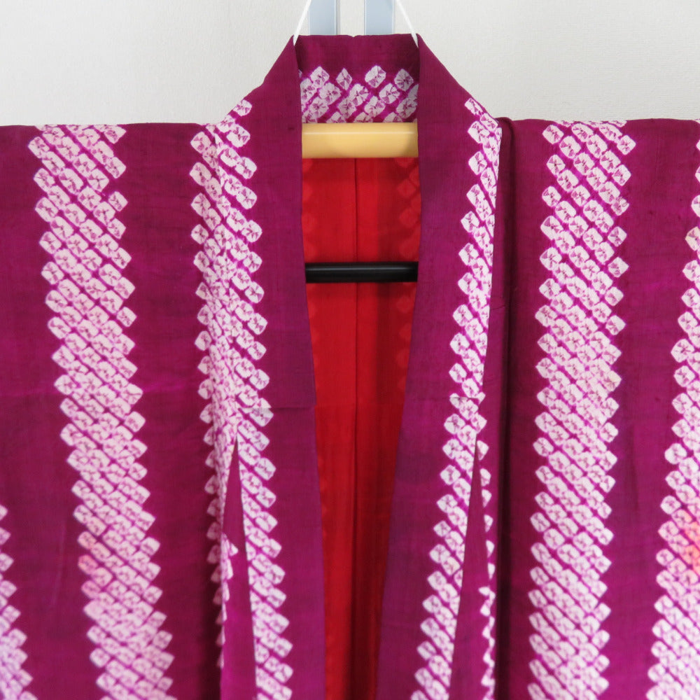 小紋 アンティーク 総絞り 縞文様 紫根染 紫色 袷 バチ衿 正絹 レトロ