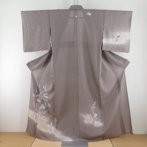 Attached Summer kimono Wide collar pure silk pure brown color x sand color blur one crested flower on a small bird sentence silver foil