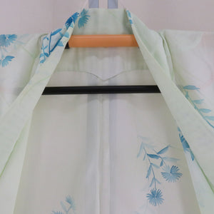 Summer kimono single garlic Polyester Washable kimono summer flower flower pattern Yellow -green x light blue bee collar tailored 158cm