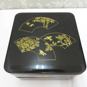 骨董・民芸品 輪島塗 城清広 重箱 二段重 御重 小重台付 黒 漆器 蒔絵 沈金 花鳥 扇 稲忠 能登輪島