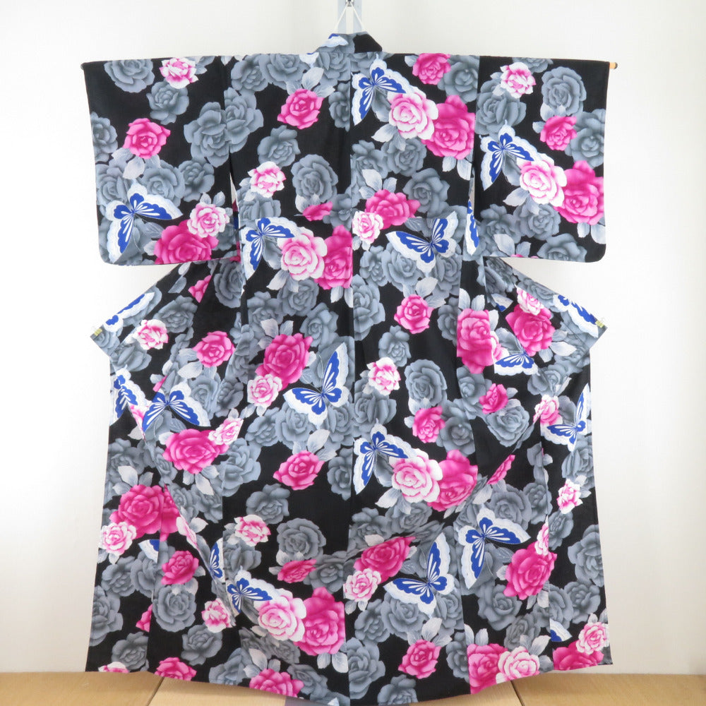 Yukata Women's Yukata Rose and Butterfly Pattern Black x Pink x Pink x Blue Silver Ladies Ladies