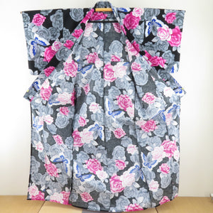 Yukata Women's Yukata Rose and Butterfly Pattern Black x Pink x Pink x Blue Silver Ladies Ladies