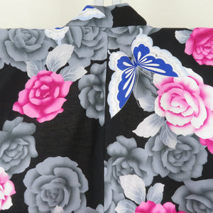 Yukata Women's Yukata Rose and Butterfly Pattern Black x Pink x Pink x Blue Silver Ladies Ladies