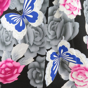 Yukata Women's Yukata Rose and Butterfly Pattern Black x Pink x Pink x Blue Silver Ladies Ladies