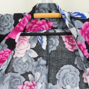 Yukata Women's Yukata Rose and Butterfly Pattern Black x Pink x Pink x Blue Silver Ladies Ladies