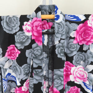 Yukata Women's Yukata Rose and Butterfly Pattern Black x Pink x Pink x Blue Silver Ladies Ladies