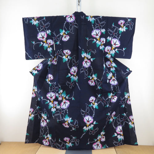 Yukata Women's Yukata Morning glory with butterfly pattern dark blue x multi -colored cotton summer men