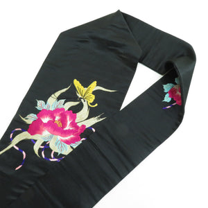 Nagoya Obi Silk Antique Embroidery Flowers Butterfly Pattern A drum pattern black -style retro kimono length 302cm