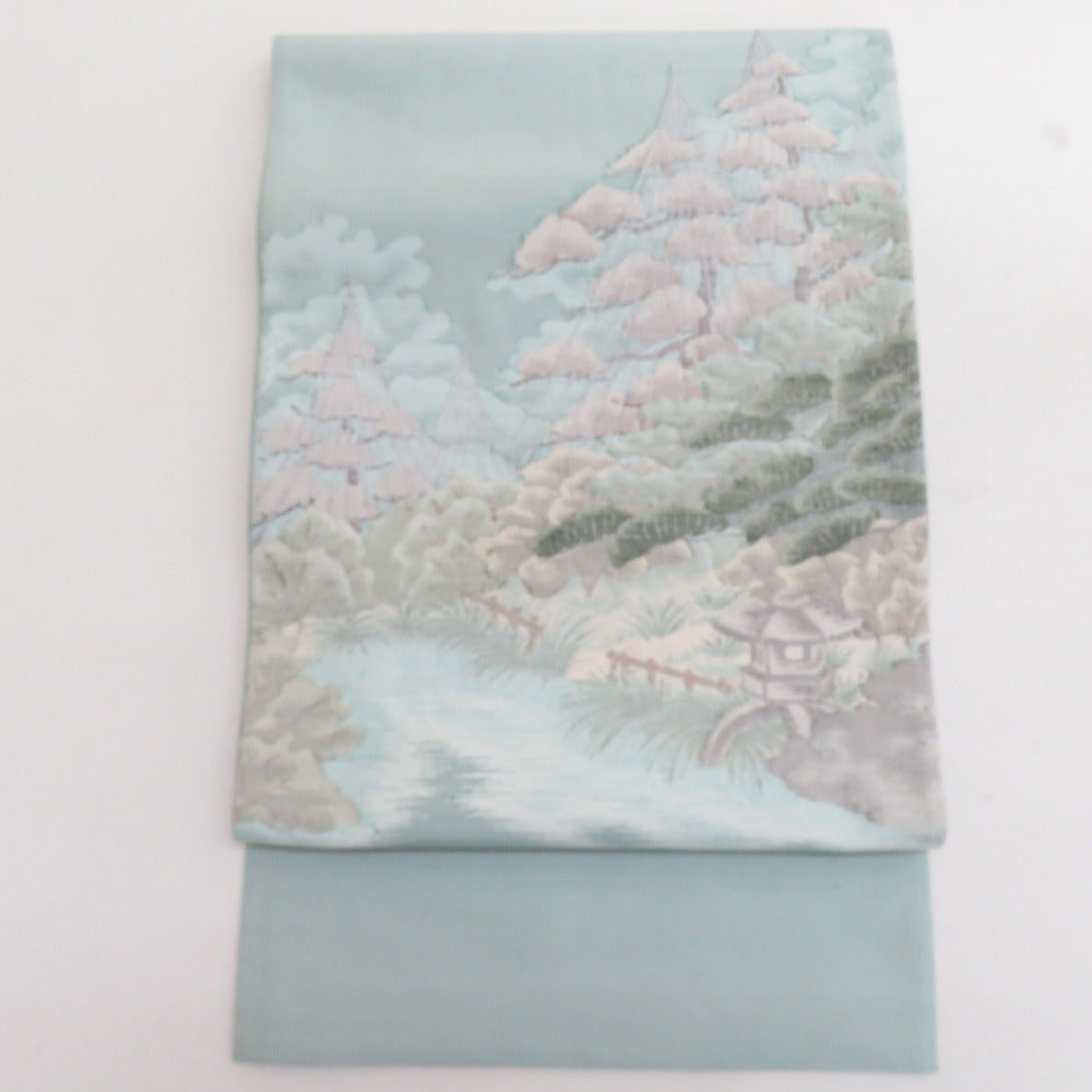 袋帯 洒落袋帯 紬帯 兼六園文様 お太鼓柄 薄緑ｘ灰色ｘ正絹 仕立て上がり 着物帯 長さ428cm 【キモノオフ野々市若松店】 袋帯 洒落袋帯 紬帯 兼六園文様 お太鼓柄 薄緑x灰色x正絹 仕立て