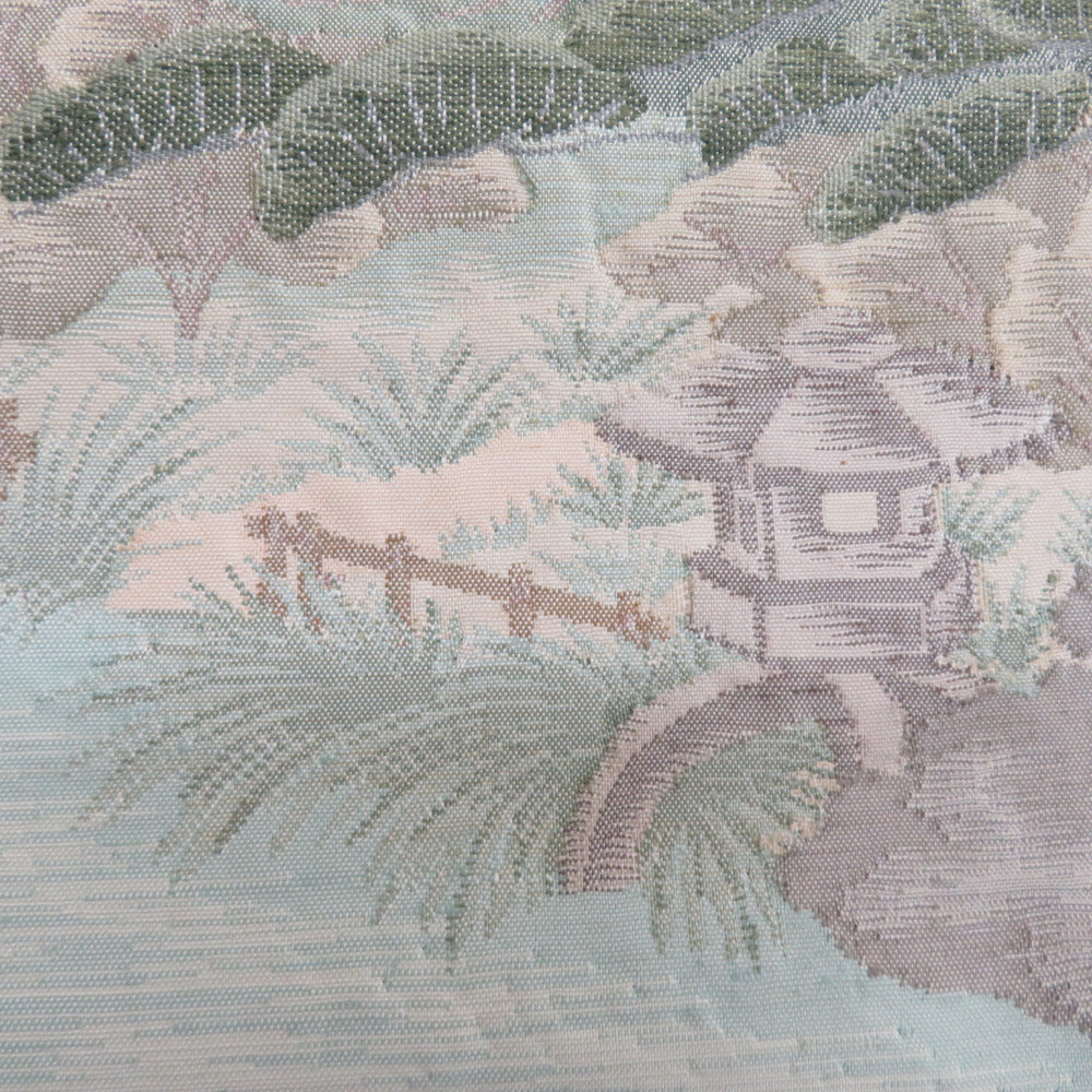 袋帯 洒落袋帯 紬帯 兼六園文様 お太鼓柄 薄緑ｘ灰色ｘ正絹 仕立て上がり 着物帯 長さ428cm 【キモノオフ野々市若松店】 袋帯 洒落袋帯 紬帯 兼六園文様 お太鼓柄 薄緑x灰色x正絹 仕立て