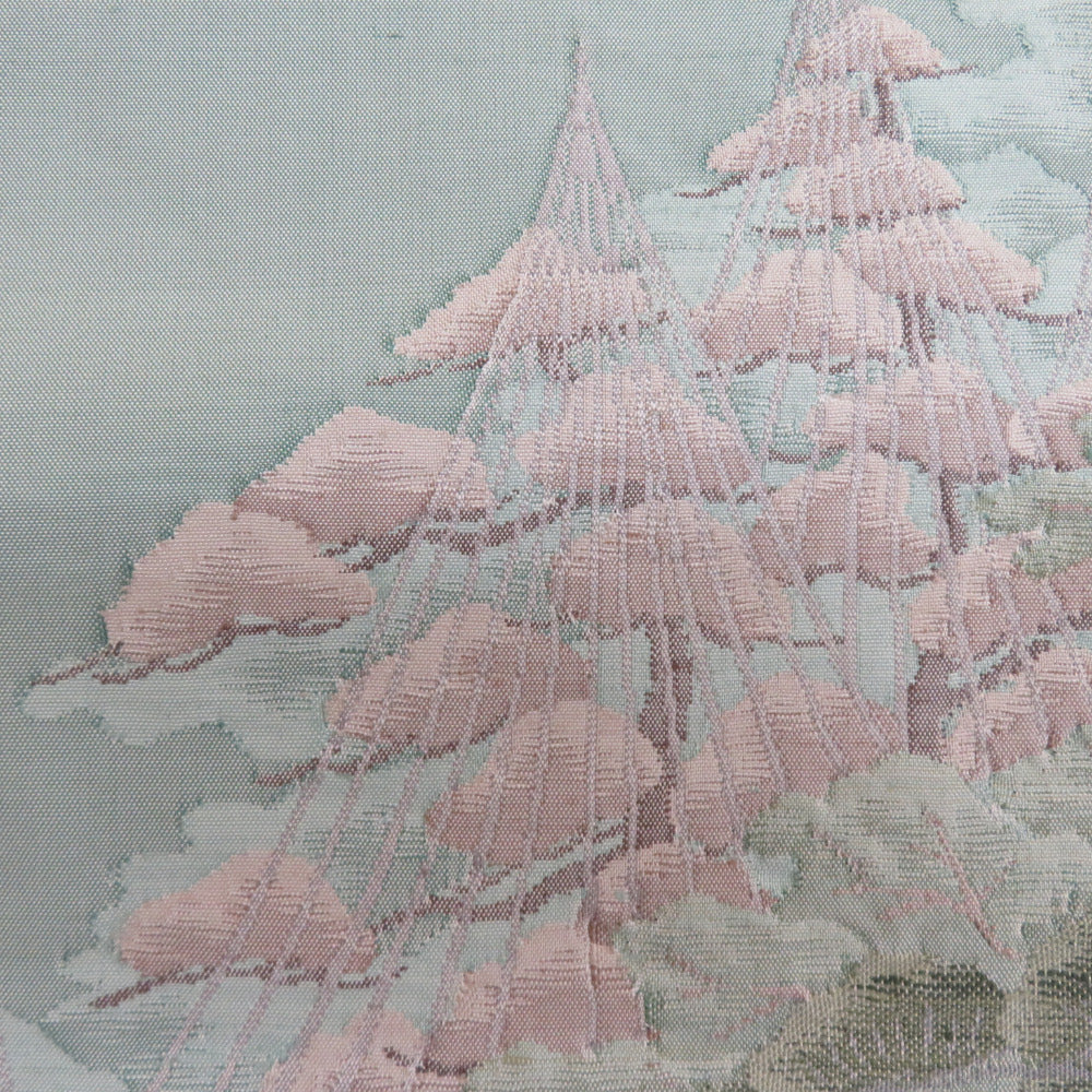 袋帯 洒落袋帯 紬帯 兼六園文様 お太鼓柄 薄緑x灰色x正絹 仕立て