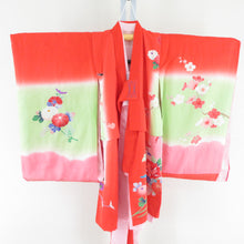 Load image into Gallery viewer, 子供着物 女の子用 一つ身 襦袢セット 赤橙 正絹 几帳に花々文様 フォーマル 女児 七五三 祝着 子供きもの 身丈72cm