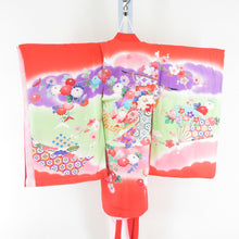 Load image into Gallery viewer, 子供着物 女の子用 一つ身 襦袢セット 赤橙 正絹 几帳に花々文様 フォーマル 女児 七五三 祝着 子供きもの 身丈72cm